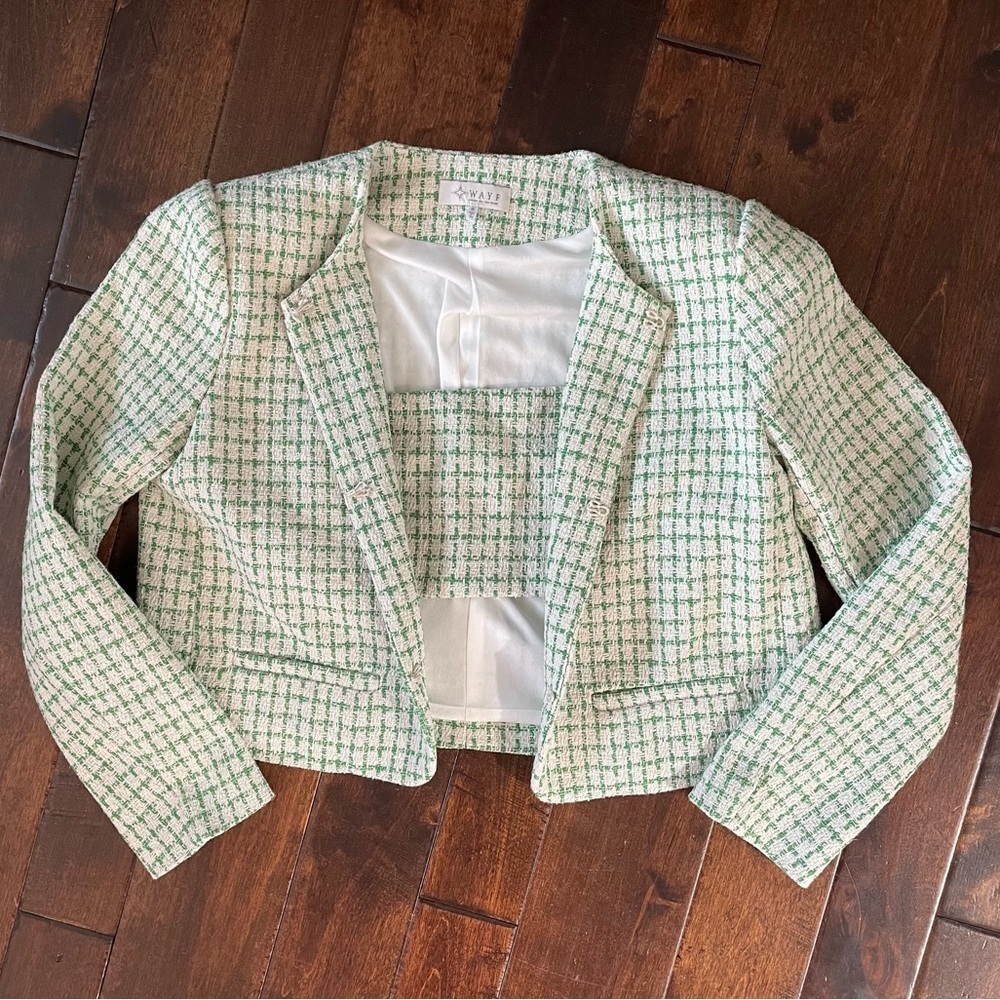 WAYF Tweed Cropped Blazer + Bralette Set Green and Cream Size Small